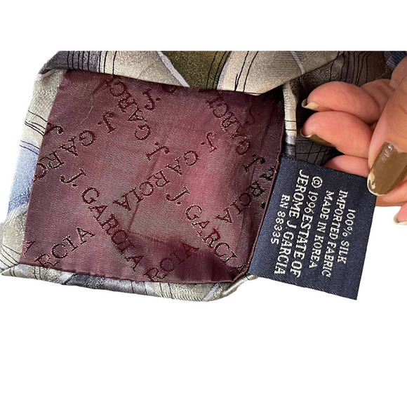 J. Garcia Men's Silk Necktie Aztec Objects Collection 28 Blue Olive Silver 1996 - Picture 6 of 7